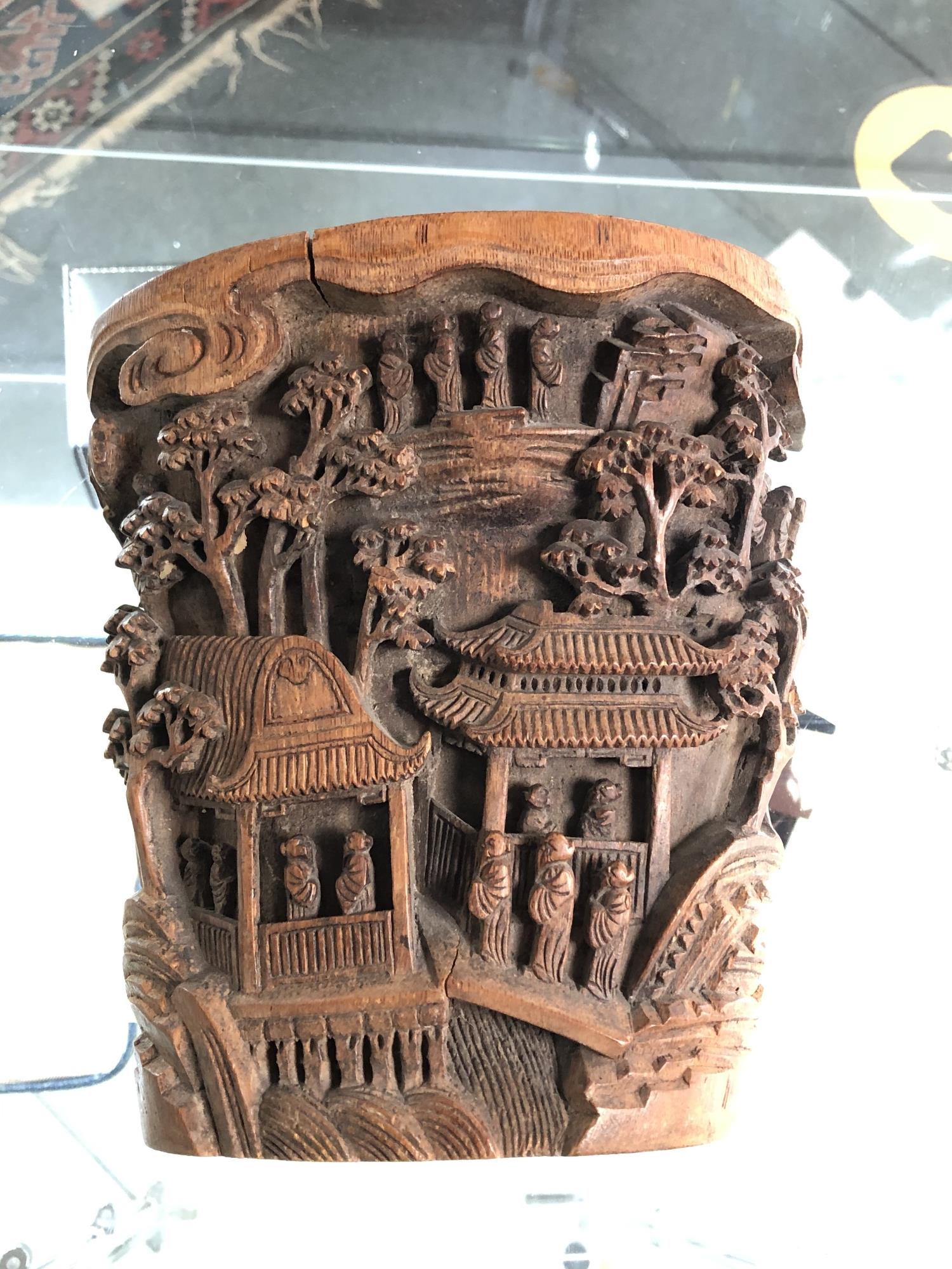 A late 19th century Chinese carved bamboo brush pot, intricately carved with figures and foliage, - Image 2 of 13