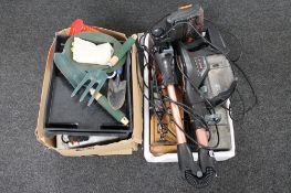 Five boxes of Shark vacuum, miscellaneous tools, bag of newspapers, Royal Worcester plates,