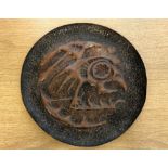 A mid century hammered copper plaque with Picasso inspired abstract figure decoration, width 34 cm.