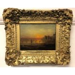 19th century school : Figures on a bridge at sunset, indistinctly signed verso, oil on board,