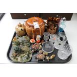 A tray of assorted glass ware, Wade whimsies, wooden barrel, copper lustre jug,