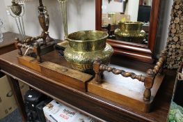 An oak barley twist fire curb together with an eastern brass jardiniere