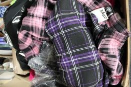 A box of Phaze Clothing - tartan skirts etc