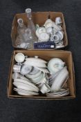 Two boxes of assorted tea and dinner china, pressed glass decanter, fruit bowl etc.