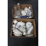 Two boxes of assorted tea and dinner china, pressed glass decanter, fruit bowl etc.