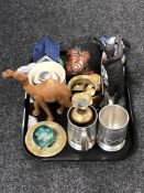 A tray of cast resin figure - Golfer, brass ware, pewter tankards,