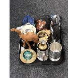 A tray of cast resin figure - Golfer, brass ware, pewter tankards,
