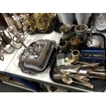 A tray of pewter tankards, silver plated entree dish and cover, candelabrum, loose cutlery,