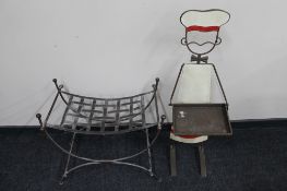 A metal dressing table stool together with a metal chef stand