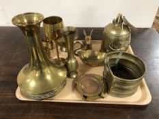 A tray of brass ware, baluster vase, goblet,