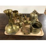 A tray of brass ware, baluster vase, goblet,