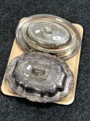 A tray of two silver plated lidded entree dishes and a silver plated serving tray