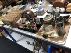 Two trays of early twentieth century oak mantel clock, Toby jugs, silver plate and pewter wares,