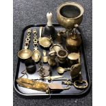 A tray of large ornamental brass key, brass spoons, Salter's improved spring balance scale no.