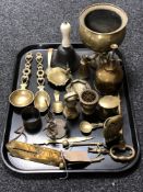 A tray of large ornamental brass key, brass spoons, Salter's improved spring balance scale no.