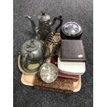 A tray of pewter kettle and coffee pot, boxed cutlery, Hohner chromonica in box,