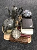 A tray of pewter kettle and coffee pot, boxed cutlery, Hohner chromonica in box,