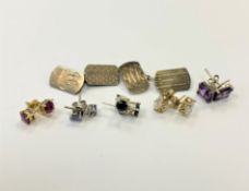 Five pairs of silver gem-set earrings and a pair of gent's silver cufflinks with engine-turned