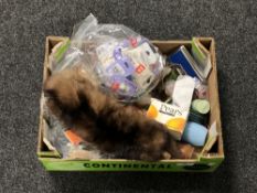 A box of fur stole, collector's cards,