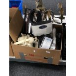 A box of electricals, hands free kit, two radios, telephone hand set,