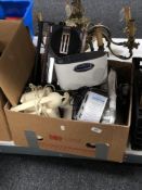 A box of electricals, hands free kit, two radios, telephone hand set,
