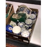 A box of boxed and unboxed Ringtons china, teapot,