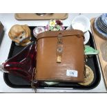 A tray of leather cased Silraft 7 x 50 binoculars, enamelled dressing table set, tea china,