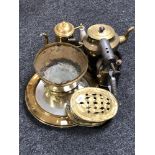 A tray of brass porthole mirror, vintage brass blow torch,