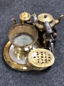 A tray of brass porthole mirror, vintage brass blow torch,