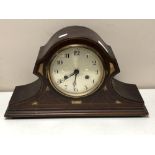 An Edwardian inlaid mahogany eight day mantel clock with silvered dial