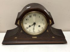 An Edwardian inlaid mahogany eight day mantel clock with silvered dial