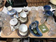 Two trays of cut crystal decanters with stoppers, part Aynsley and Royal Grafton tea set,