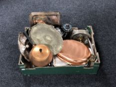 A box of assorted metal items, silver plated trays, lidded dishes, loose cutlery,