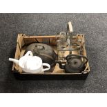A box of antique metal ware - painted metal watering can, cast iron teapot,