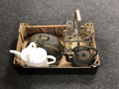 A box of antique metal ware - painted metal watering can, cast iron teapot,