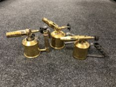 Three antique brass blow torches