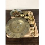 A tray of brass ware - coin inset dish, animal ornaments,