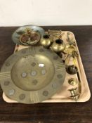 A tray of brass ware - coin inset dish, animal ornaments,