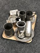 A tray of pewter tankards, lidded trinket box,