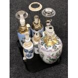 A tray of five Royal Copenhagen table lamps and Oriental table lamp (Continental wiring)