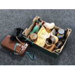 A box of pair of leather cased Hensoldt Wetzlar binoculars, bead work pot, duck ornaments,