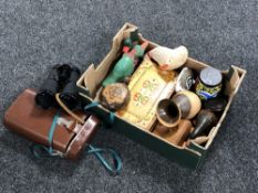 A box of pair of leather cased Hensoldt Wetzlar binoculars, bead work pot, duck ornaments,