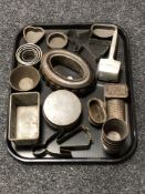 A tray of antique kitchenalia including pastry cutters, metal Hovis bread pot,