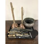 A tray of quantity antler handled cutlery, two copper poss sticks,