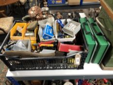A crate of hand tools and hardware