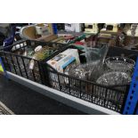 Three crates of assorted pressed glass, Bavarian dinner china, coloured glass,