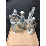 A Lladro figure of a girl carrying milk churns together with four other Spanish figures.