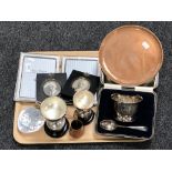 A tray of silver plated photo frame, miniature copper jug, copper tray etc,
