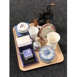 A tray of Wedgwood blue and white Jasperware lidded dish, Masons Mandalay red photograph frame,