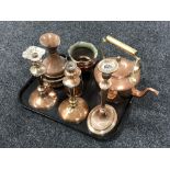 A tray of Victorian copper kettle, silver plate on copper candlesticks,